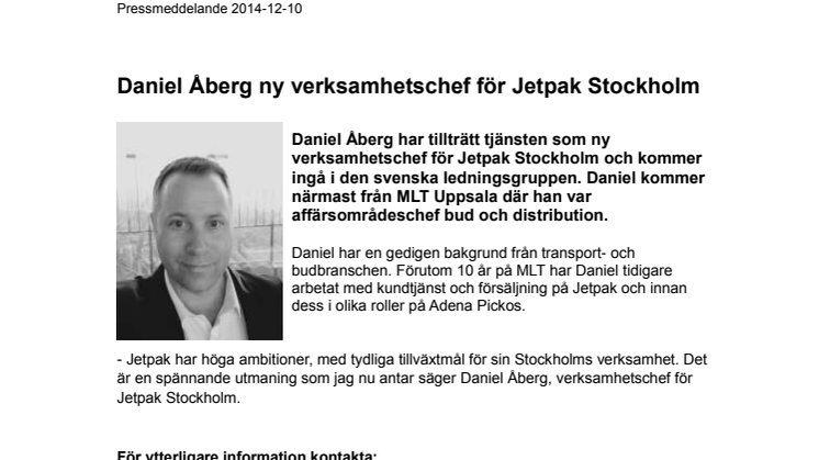 Daniel Åberg ny verksamhetschef för Jetpak Stockholm 