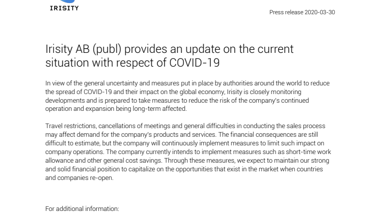 Irisity AB (publ) provides an update on the current situation with respect of COVID-19