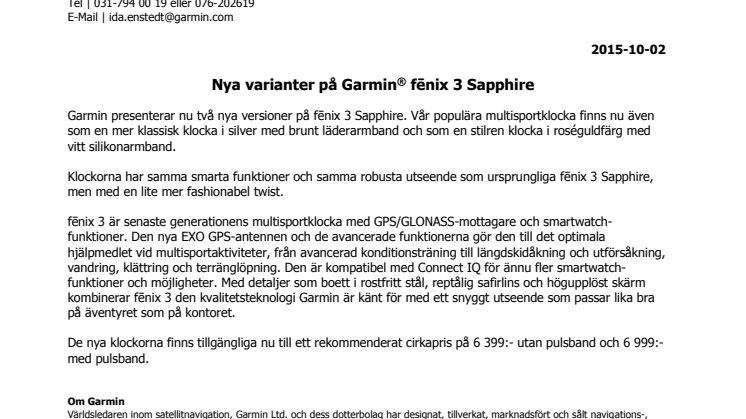 Nya varianter på Garmin® fēnix 3 Sapphire