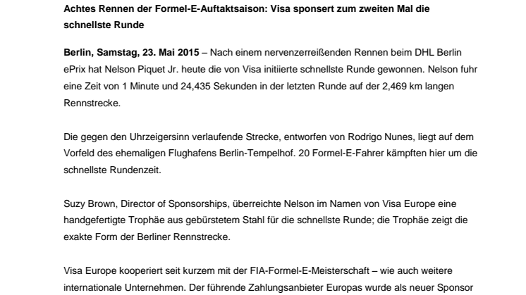 Nelson Piquet Jr. gewinnt die Trophäe für die schnellste Runde beim Formel-E DHL Berlin ePrix