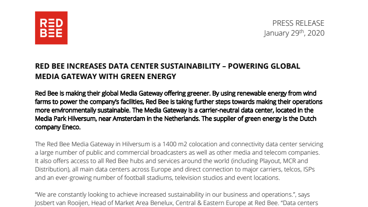 Red Bee Increases Data Center Sustainability – Powering Global Media Gateway with Green Energy 