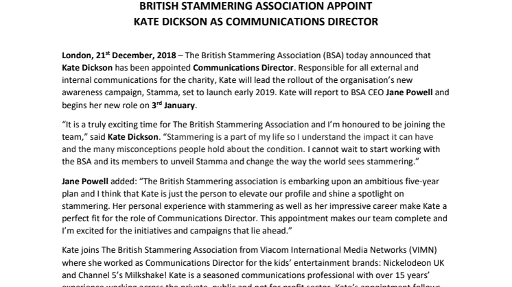 British Stammering Association Appoint Kate Dickson as Communications Director 