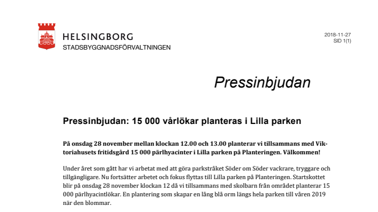 Pressinbjudan: 15 000 vårlökar planteras i Lilla parken