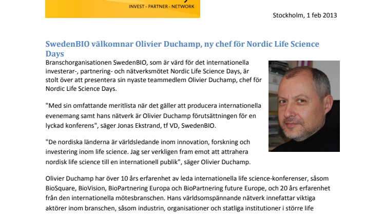 SwedenBIO välkomnar Olivier Duchamp, ny chef för Nordic Life Science Days