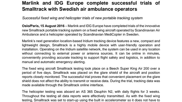 Marlink: Marlink and IDG Europe Complete Successful Trials of  Smalltrack with Swedish Air Ambulance Operators