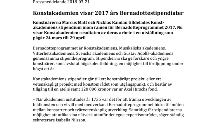 Konstakademien visar 2017 års Bernadottestipendiater