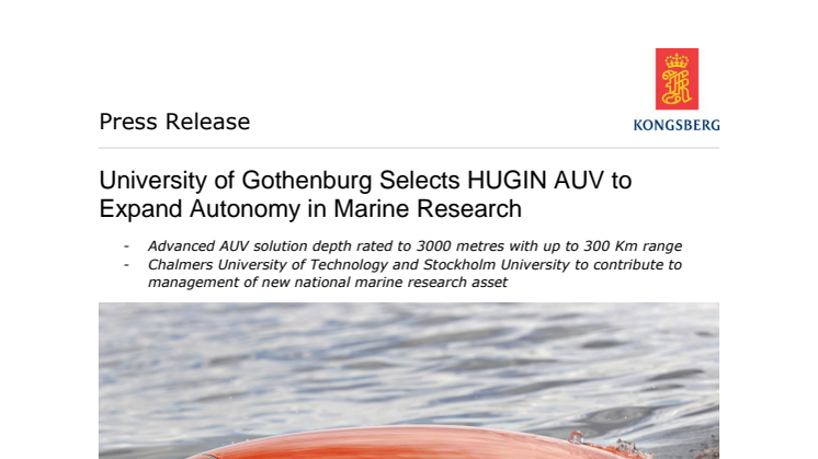 Kongsberg Maritime: University of Gothenburg Selects HUGIN AUV to Expand Autonomy in Marine Research 