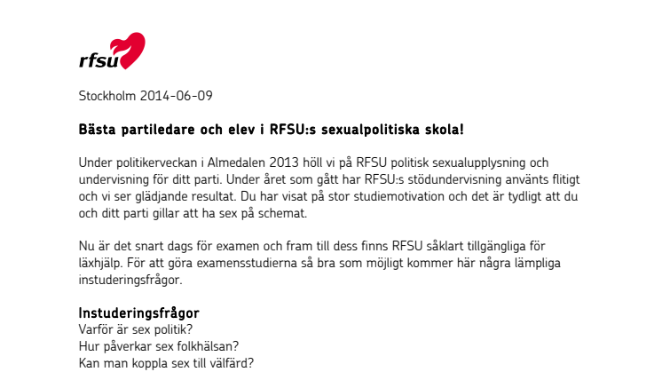 RFSU:s brev till partiledare och elever