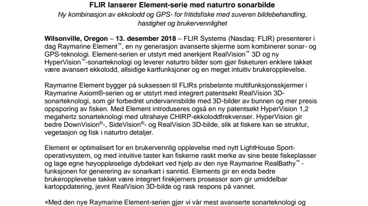 Raymarine: FLIR lanserer Element-serie med naturtro sonarbilde