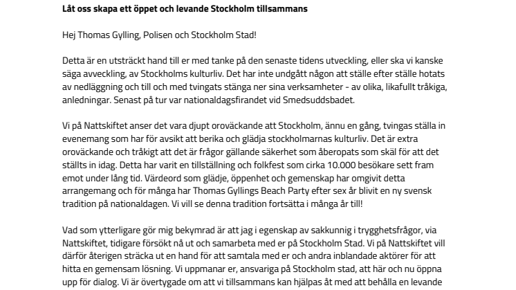 Öppet brev till Stockholm Stad: Låt oss skapa ett öppet och levande Stockholm tillsammans