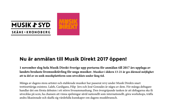 Nu är anmälan till Musik Direkt 2017 öppen!