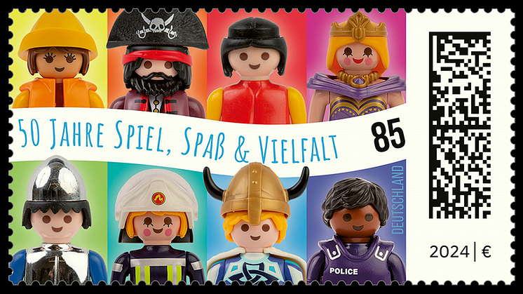 Die Sondermarke „Spielfiguren“ zeigt bunte Auswahl von ikonischen PLAYMOBIL-Figuren