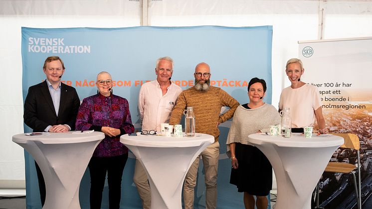 Dennis Wedin (m) bostads- & fastighetsborgarråd, Stockholms stad, Emma Hult (mp) riksdagsledamot, bostadspolitisk talesperson mp, Yves Chantereau ordf Equator Fastighetsutv, Jonas Häggqvist vd Colive, Eva Nordström vd SKB, Sofia Arkelsten.