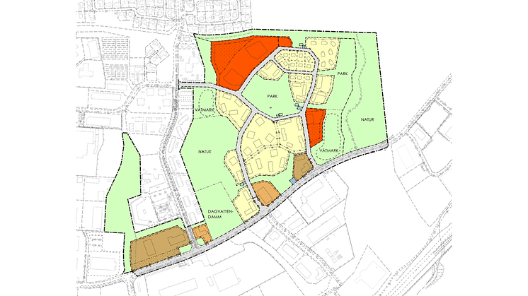 Bilden visar en översiktlig skiss över planens användningsområden där rött är skoltomt, gult är bostäder och brunt är verksamheter. På bilden visas skisser på föreslagen placering av byggnader.