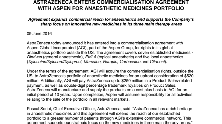 AstraZeneca ingår kommersialiseringsavtal med Aspen för produktportföljen inom anestetika