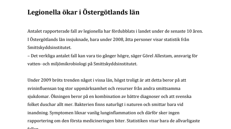 Legionella ökar i Östergötlands län