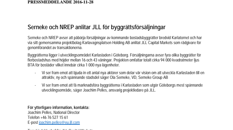 Serneke och NREP anlitar JLL för byggrättsförsäljningar 