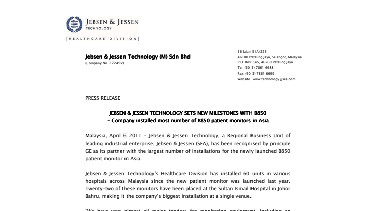 JEBSEN & JESSEN TECHNOLOGY SETS NEW MILESTONES WITH B850