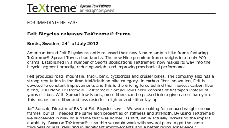 Felt Bicycles releases TeXtreme® frame