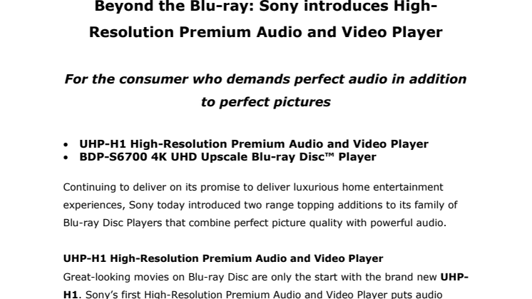 Sony introducerar High-Resolution Premium Audio och Video-spelare 