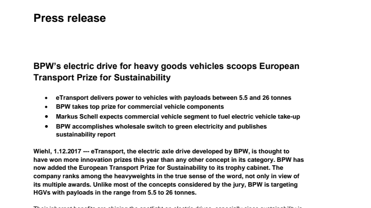 BPW’s electric drive for heavy goods vehicles scoops European Transport Prize for Sustainability