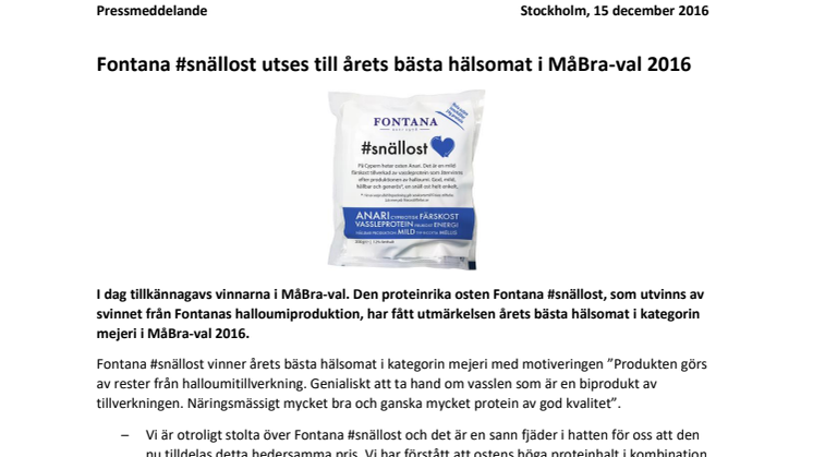 Fontana #snällost utses till årets bästa hälsomat i MåBra-val 2016