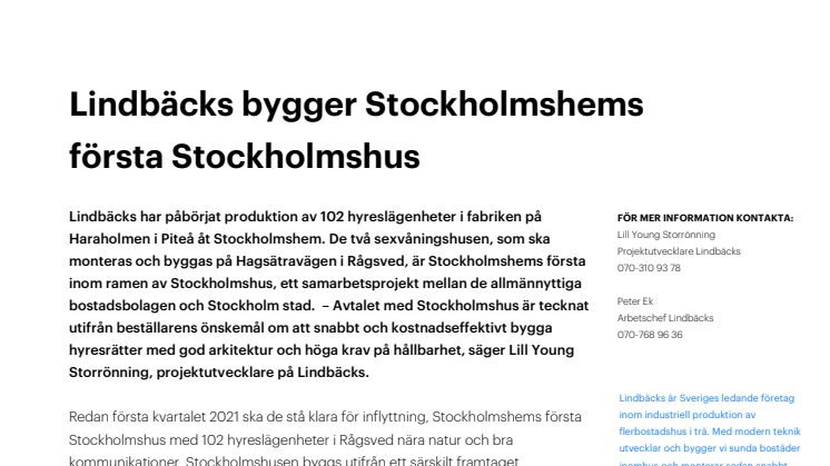 Lindbäcks bygger Stockholmshems första Stockholmshus