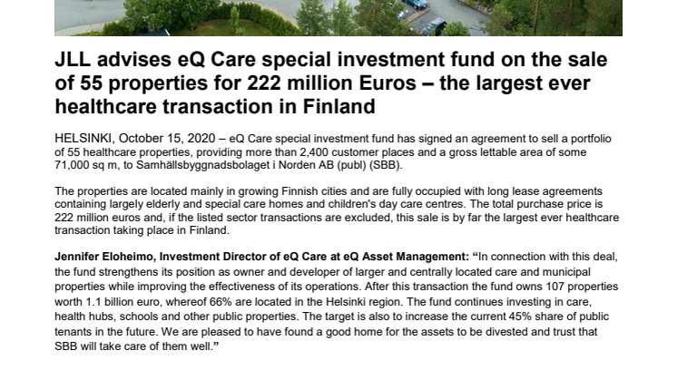 JLL advises eQ Care special investment fund on the sale of 55 properties for 222 million Euros – the largest ever healthcare transaction in Finland