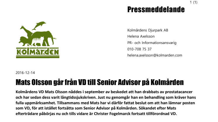 Mats Olsson går från VD till Senior Advisor på Kolmården
