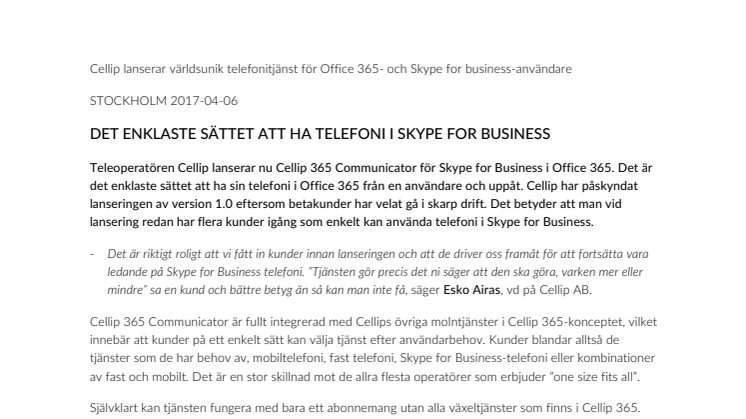 Cellip lanserar världsunik telefonitjänst för Office 365- och Skype for business-användare