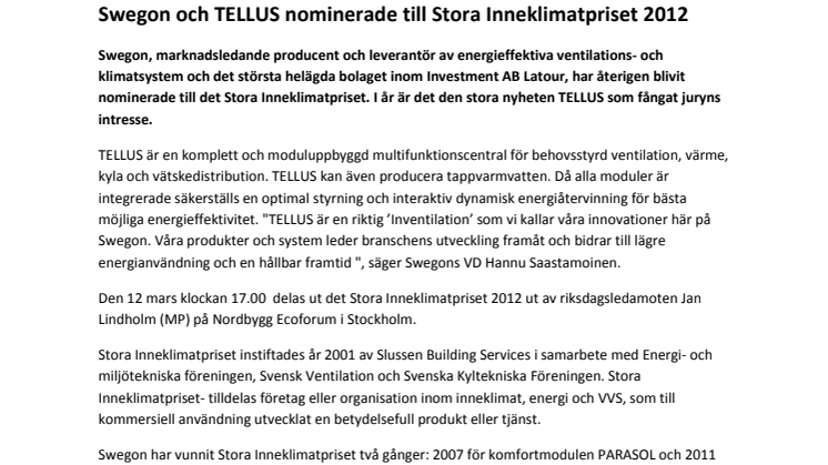 Swegon och TELLUS nominerade till Stora Inneklimatpriset 2012