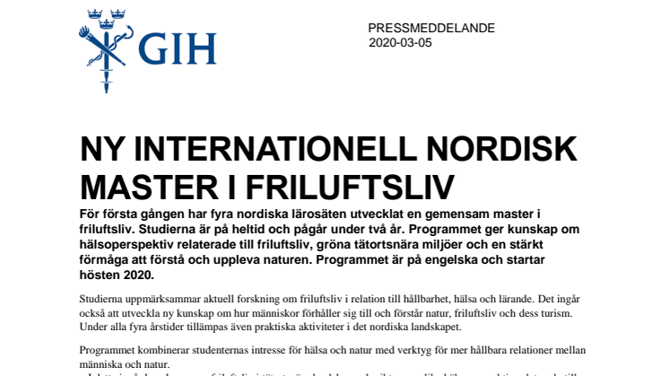 Ny internationell nordisk master i friluftsliv