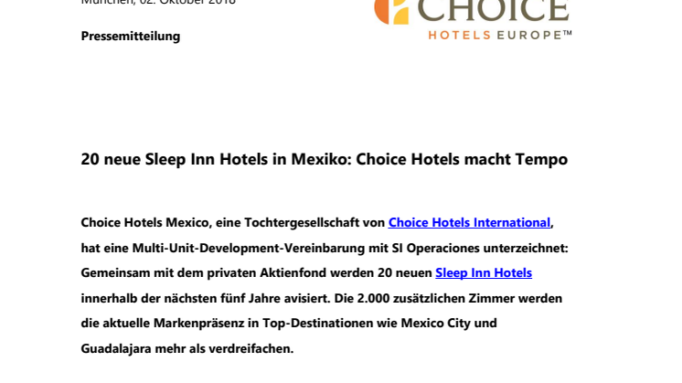 20 neue Sleep Inn Hotels in Mexiko: Choice Hotels macht Tempo