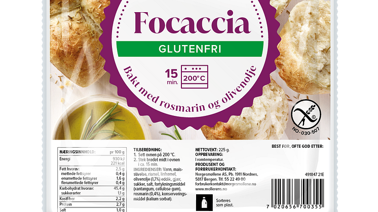 Møllerens Glutenfrie Focaccia, Pakning