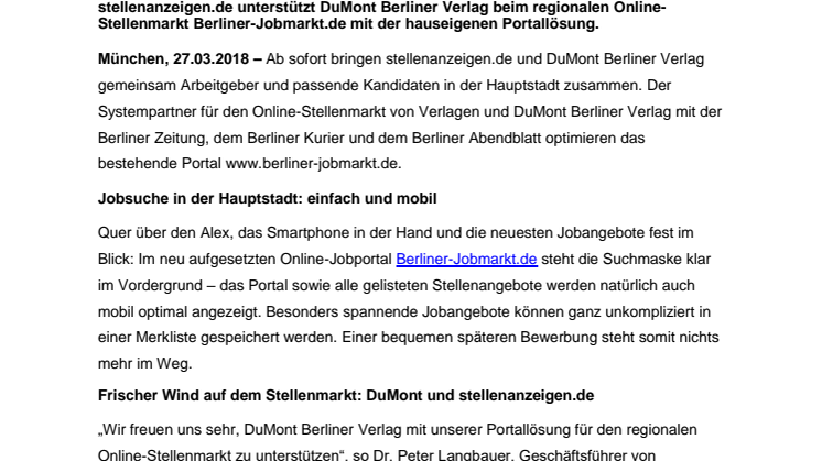 Berliner Jobmarkt: DuMont Berliner Verlag setzt auf Online-Portallösung von stellenanzeigen.de