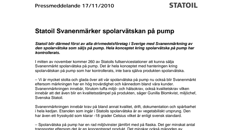 Statoil Svanenmärker spolarvätskan på pump