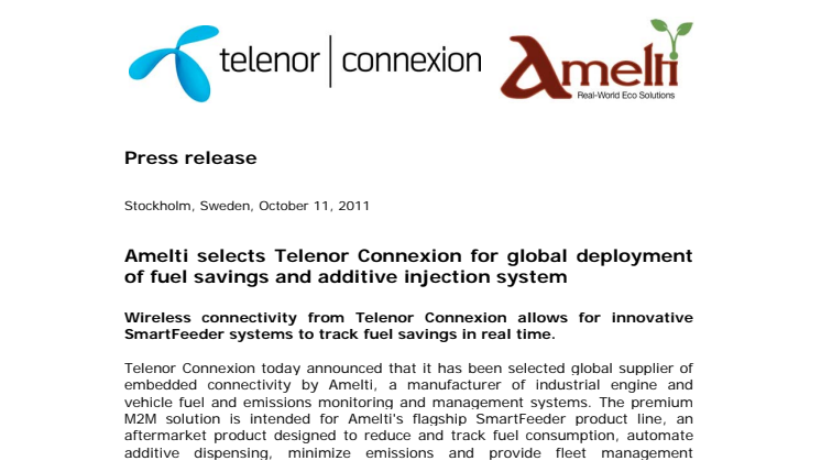 Amelti selects Telenor Connexion for global deployment of fuel savings and additive injection system