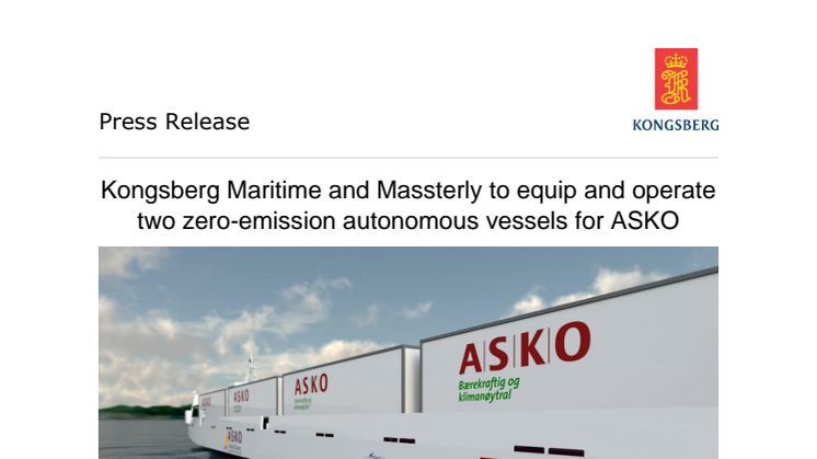 Kongsberg Maritime and Massterly to equip and operate two zero-emission autonomous vessels for ASKO