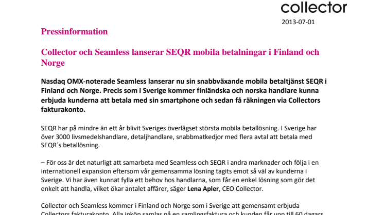 Collector och Seamless lanserar SEQR mobila betalningar i Finland och Norge