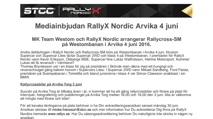 Mediainbjudan till RallyX Nordic i Arvika 4 juni