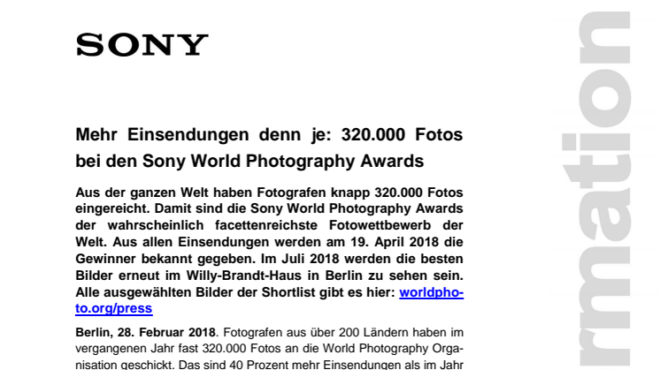 Mehr Einsendungen denn je: 320.000 Fotos bei den Sony World Photography Awards 