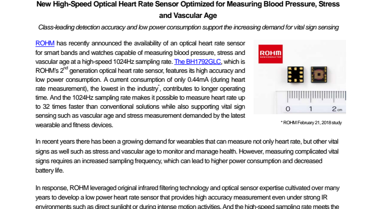New High-Speed Optical Heart Rate Sensor Optimized for Measuring Blood Pressure, Stress and Vascular Age---Class-leading detection accuracy and low power consumption support the increasing demand for vital sign sensing
