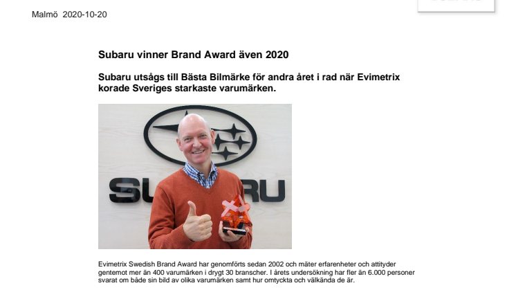 Subaru vinner Brand Award även 2020