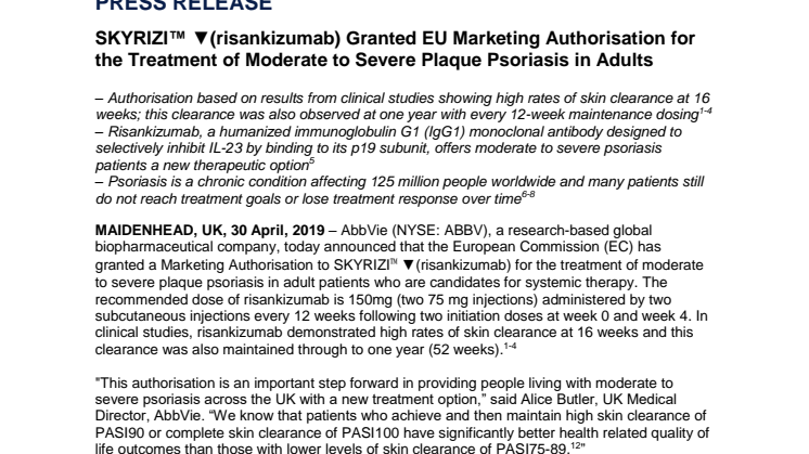 SKYRIZI™ ▼(risankizumab) Granted EU Marketing Authorisation for the Treatment of Moderate to Severe Plaque Psoriasis in Adults