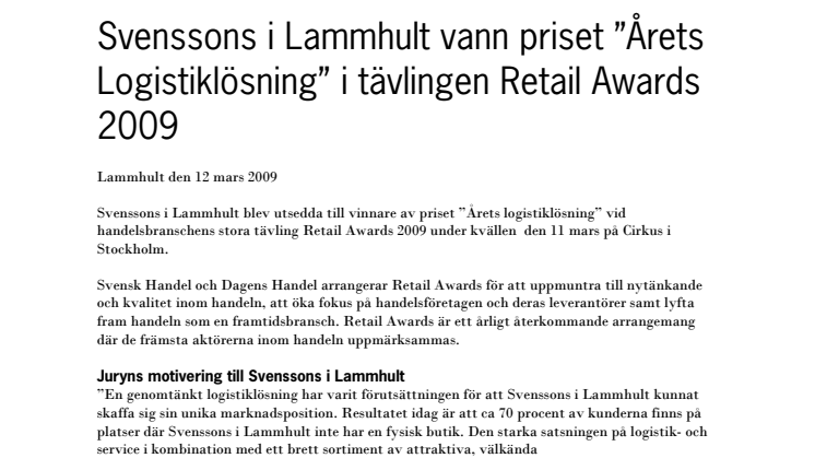 Svenssons i Lammhult vann priset Årets Logistiklösning vid Retail Awards 2009