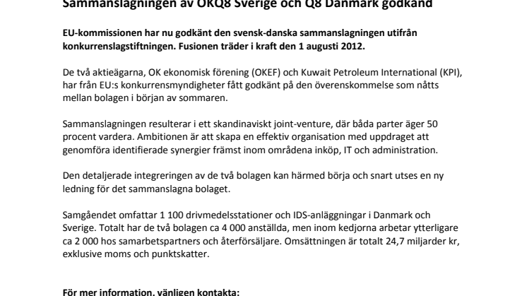 Pressmeddelande: Sammanslagningen av OKQ8 Sverige och Q8 Danmark godkänd
