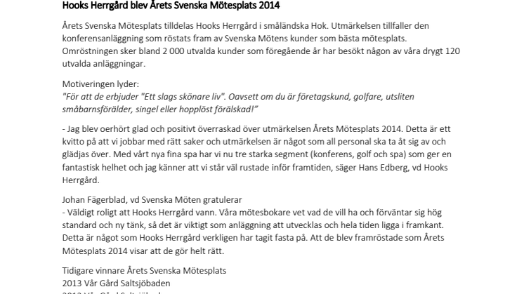 Hooks Herrgård blev Årets Svenska Mötesplats 2014 