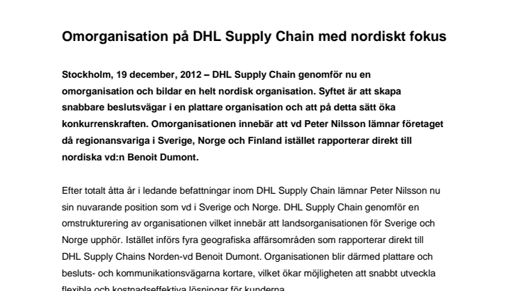 Omorganisation på DHL Supply Chain med nordiskt fokus