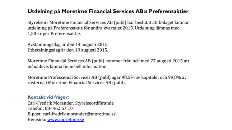 Utdelning på Moretime Financial Services AB:s Preferensaktier