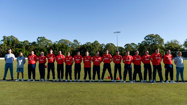 The England Intellectual Disability team sing the national anthem before the International Cricket Inclusion Series Intellectual Disability match between Australia and England at Northern Suburbs District Cricket Club
